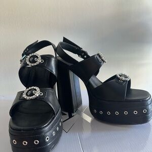 Koi Black Platform Heels with Rhinestone Buckles